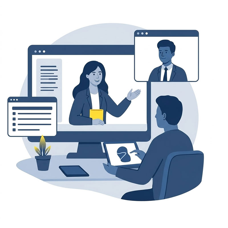 graphic man looking at monitor with woman on screen